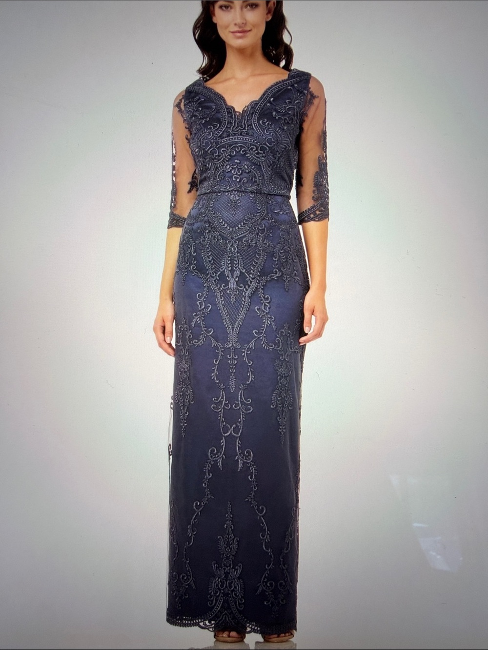 JS Collections Embroidered Scalloped V Neck Lace Evening Gown Slate Blue Size 12